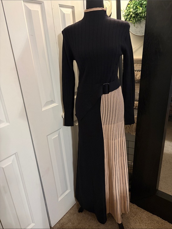 Dalia Macphee Dresses & Skirts - Black Long Sleeve Ribbed Knit Dress with Beige Pleated Side Panel